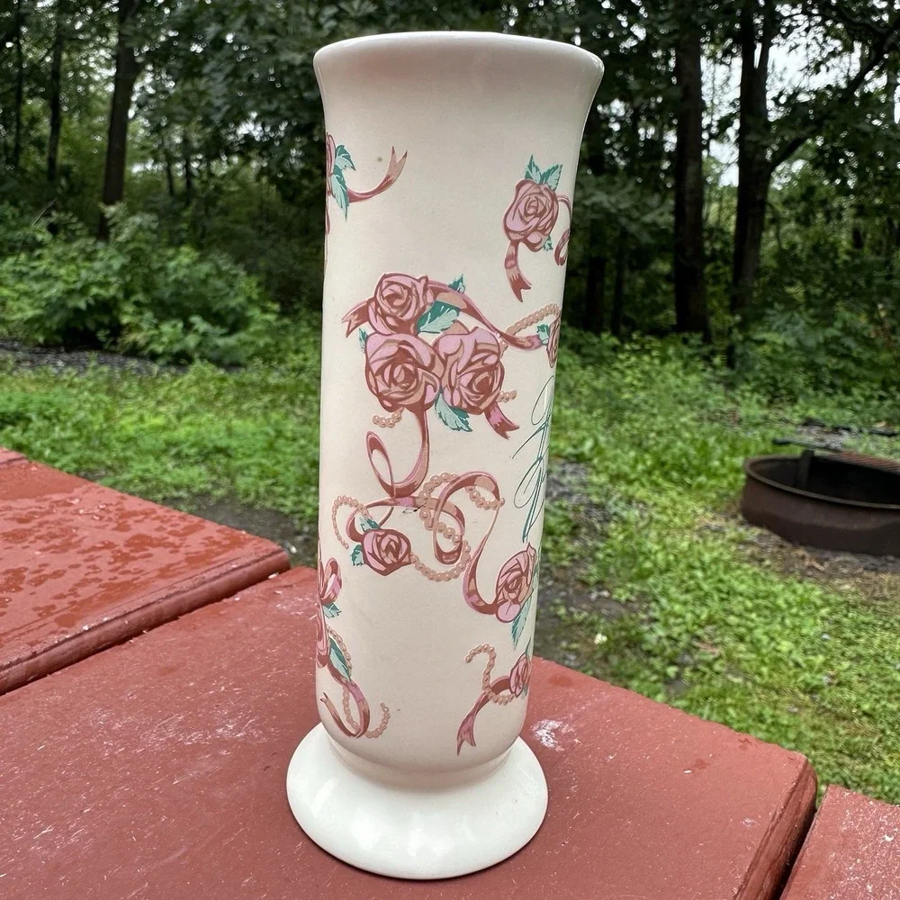 FTD VTG Bud Vase Happy Birthday Cream Off White W/Pink Roses Thailand 6.5
